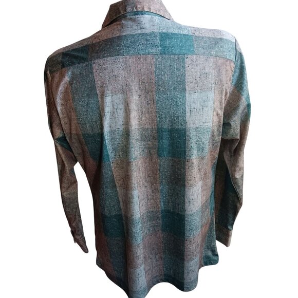 Large  Vintage Men's Disco Shirt 1970's Joel Checker Green Polyester Stretch USA - Picture 3 of 6